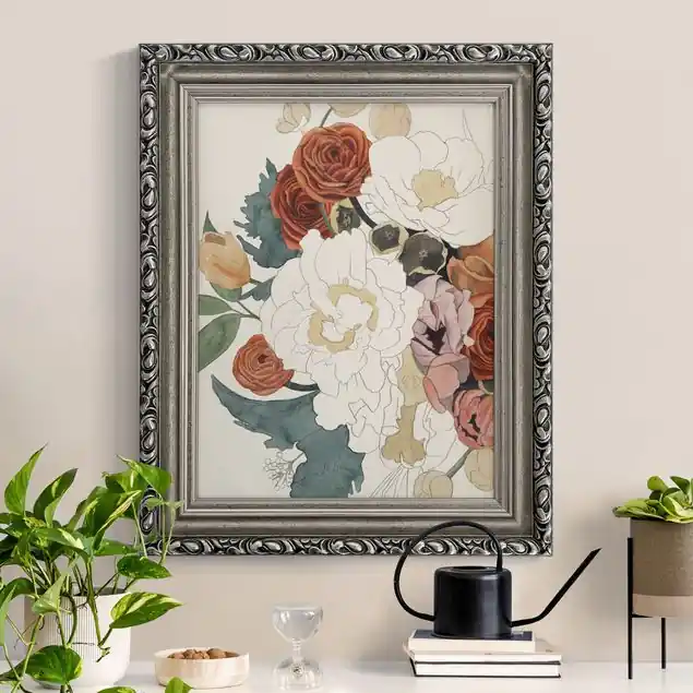 Zeichnung Blumenbouquet in Rot und Sepia Heißes Angebot