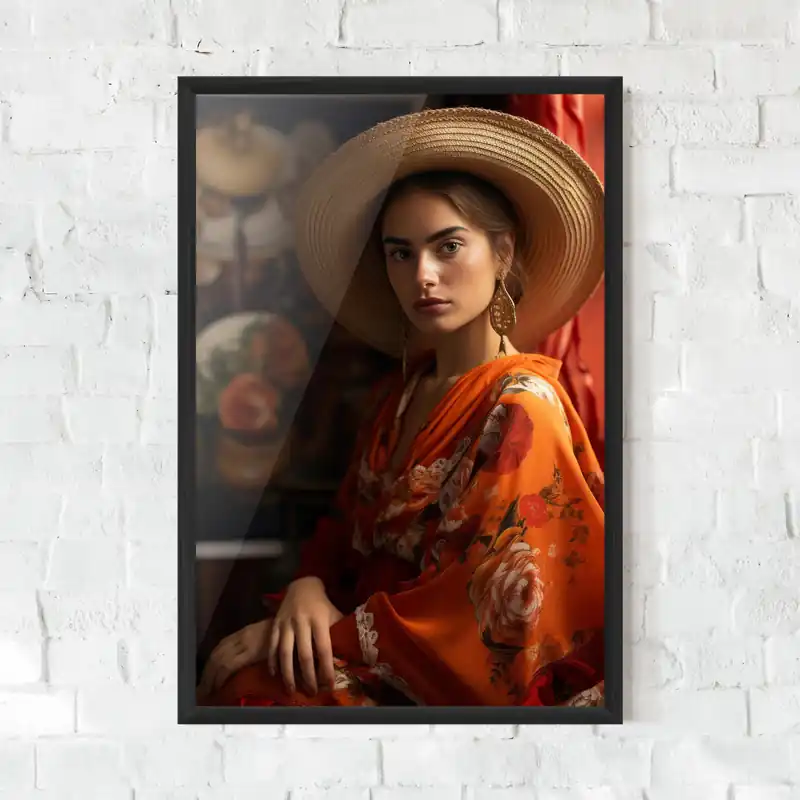 Gerahmte Poster Orange Dress And Hat Sichere Zahlung