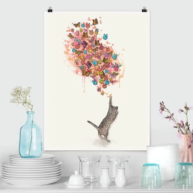 Illustration Katze mit bunten Schmetterlingen Malerei Neue Kollektion