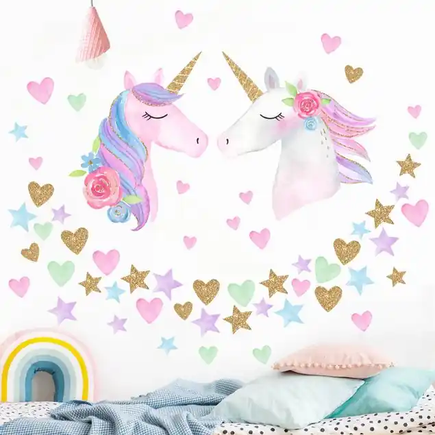 Markenprodukt Aquarell Einhorn Gold Glitzer Set XL                               Wandtattoo 64-teilig