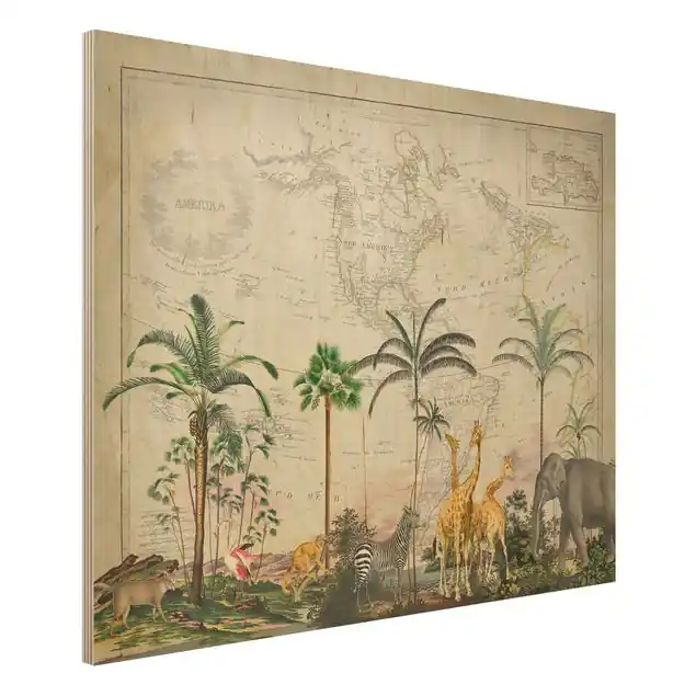 Vintage Collage - Tierwelt auf Weltkarte Abverkauf
