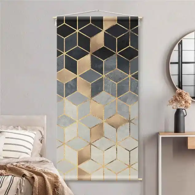 Markenprodukt Blau Weiß goldene Geometrie