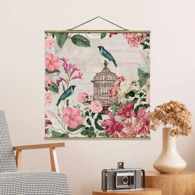 Versand Am Gleichen Tag Shabby Chic Collage - Rosa Blüten und blaue Vögel