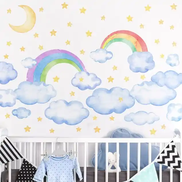 Aquarell Wolken Regenbogen Sterne Set Wandtattoo 61-teilig Top-Angebot
