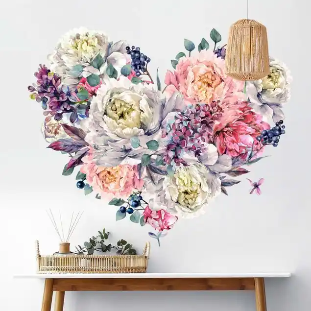 Preiswert Aquarell Herz Blüten Bouquet XXL Wandtattoo