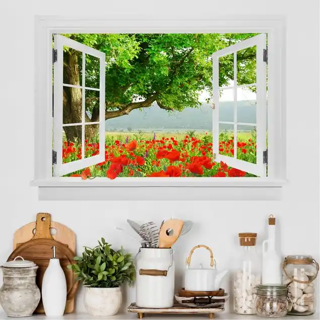 Offenes Fenster Sommerwiese mit Blumenkasten Wandtattoo Neue Ware