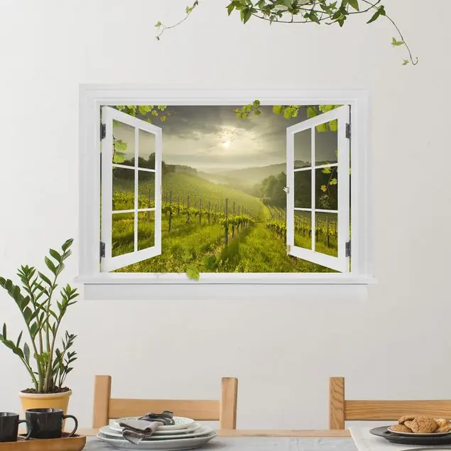 Kracherpreis Offenes Fenster Sonnenstrahlen Weinberg mit Ranken und Trauben Wandtattoo