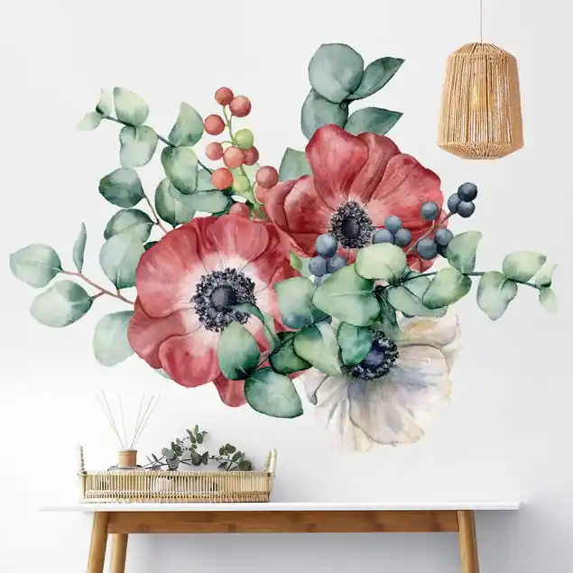 Aquarell Eukalyptus Anemonen Bouquet XXL Wandtattoo Preiswert