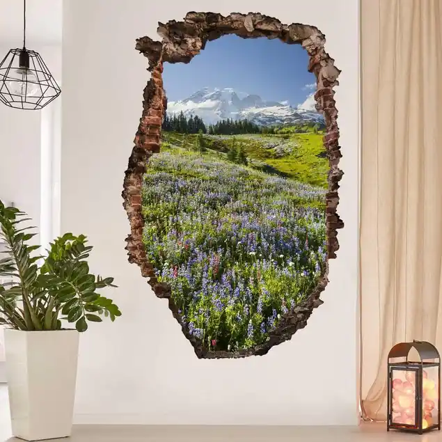 Neue Kollektion Bergwiese mit roten Blumen vor Mt. Rainier Wanddurchbruch Wandtattoo