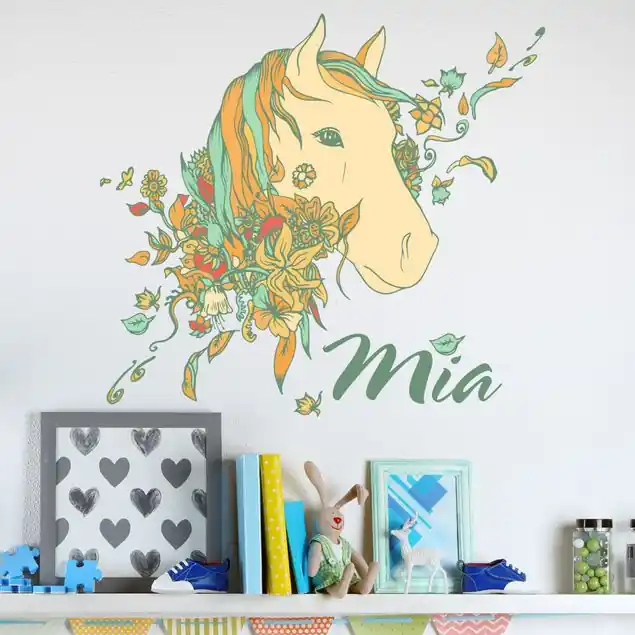 Blumen Pferd mit Wunschname Wunschtext-Wandtattoo Neu Im Sortiment