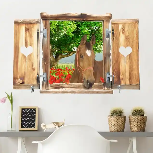 Mega-Angebot Fenster mit Herz und Pferd Sommerwiese Wandtattoo