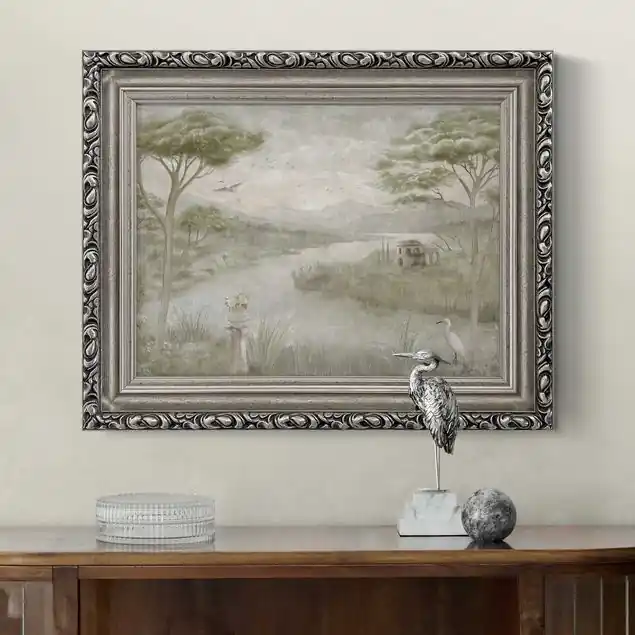 Pastellgrüne Landschaft mit Kranich Top-Preis