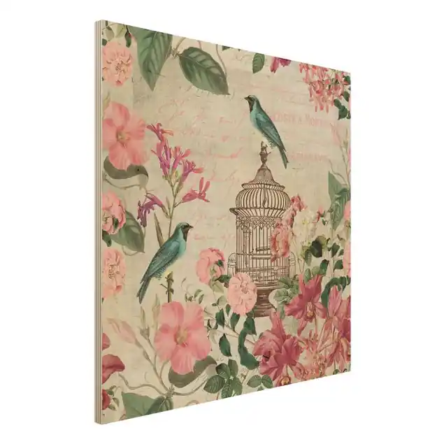 Shabby Chic Collage - Rosa Blüten und blaue Vögel Neu