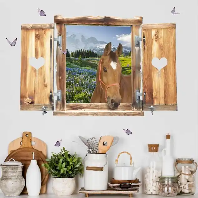 Fenster mit Herz und Pferd Bergwiese mit Blumen Wandtattoo Aktuell