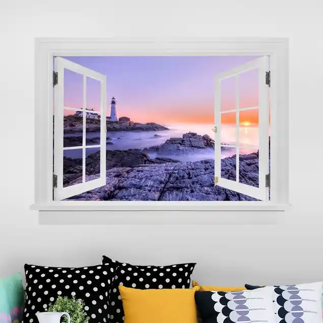Offenes Fenster Leuchtturm am Morgen Wandtattoo Direkt Vom Hersteller