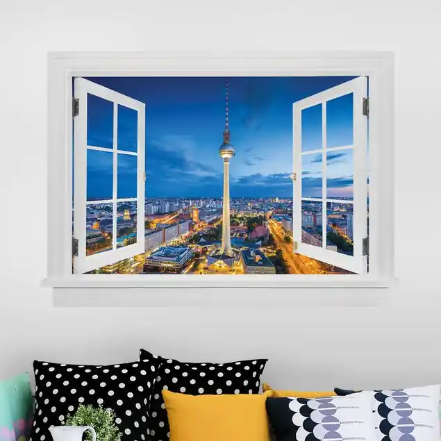 Angebot Offenes Fenster Berlin Skyline bei Nacht mit Fernsehturm Wandtattoo