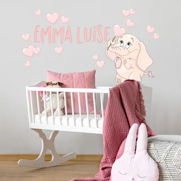 Abverkauf Rosa Babyelefant mit vielen Herzen Wunschtext-Wandtattoo