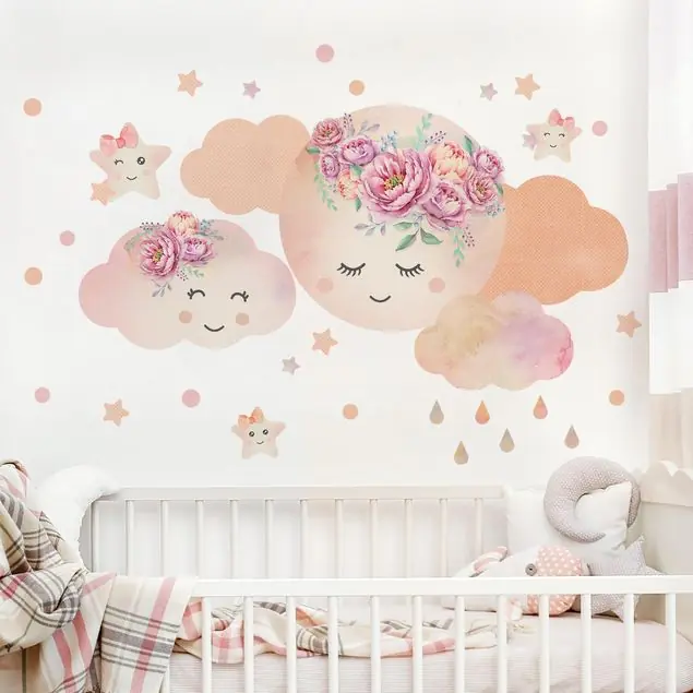 Aquarell Mond Wolken und Sterne mit Rosen                               Wandtattoo 39-teilig Sonderangebot