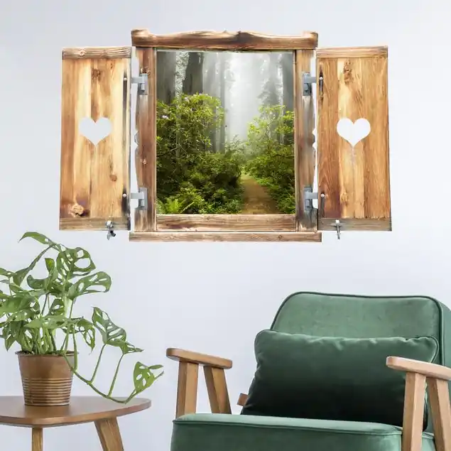 Bestseller Fenster mit Herz Nebliger Waldpfad Wandtattoo
