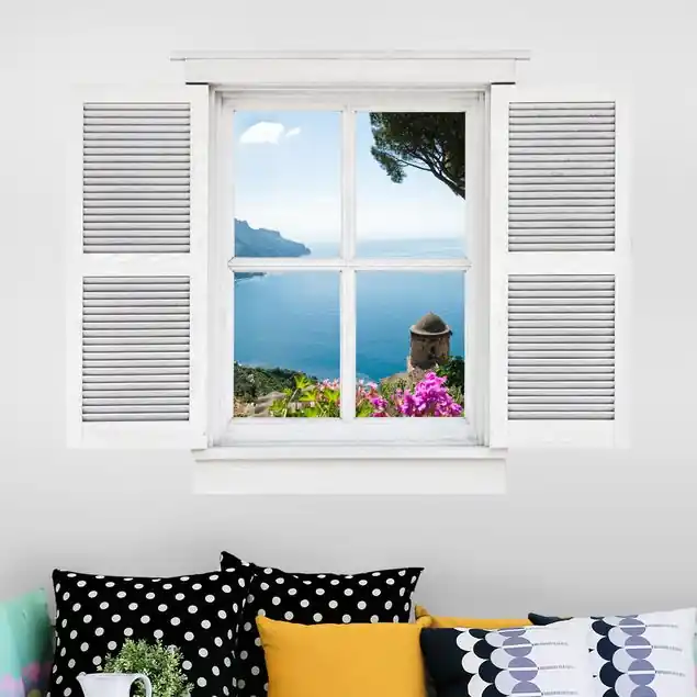 Neuheit Flügelfenster Ausblick vom Garten aufs Meer Wandtattoo