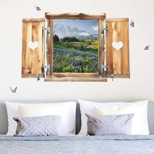 Aktuell Fenster mit Herz Bergwiese mit Blumen Wandtattoo
