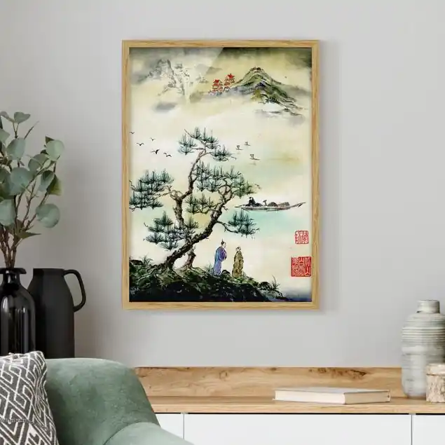 Japanische Aquarell Zeichnung Kiefer und Bergdorf Online Kaufen