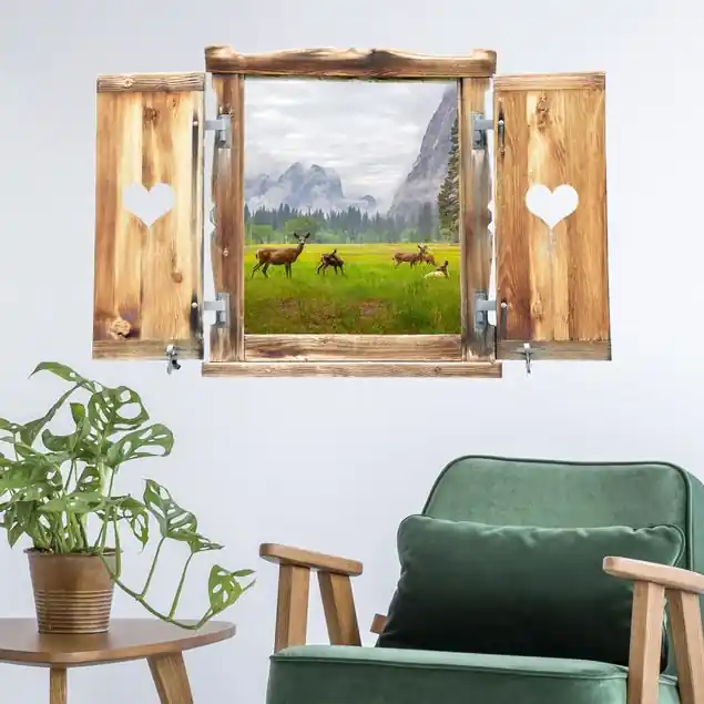 Aktuell Fenster mit Herz Rehe in den Bergen Wandtattoo
