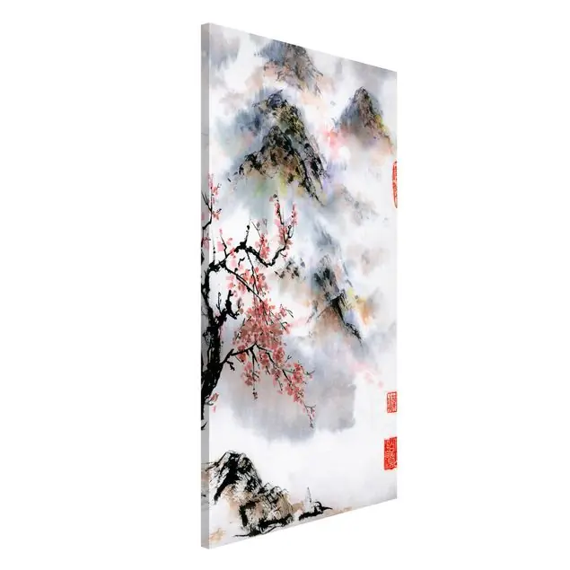 Japanische Aquarell Zeichnung Kirschbaum und Berge Preiswert