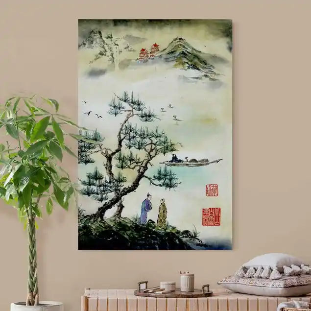 Schnäppchen Japanische Aquarell Zeichnung Kiefer und Bergdorf