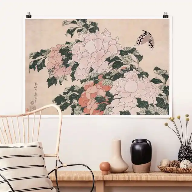 Katsushika Hokusai - Rosa Pfingstrosen mit Schmetterling Garantierte Lieferung