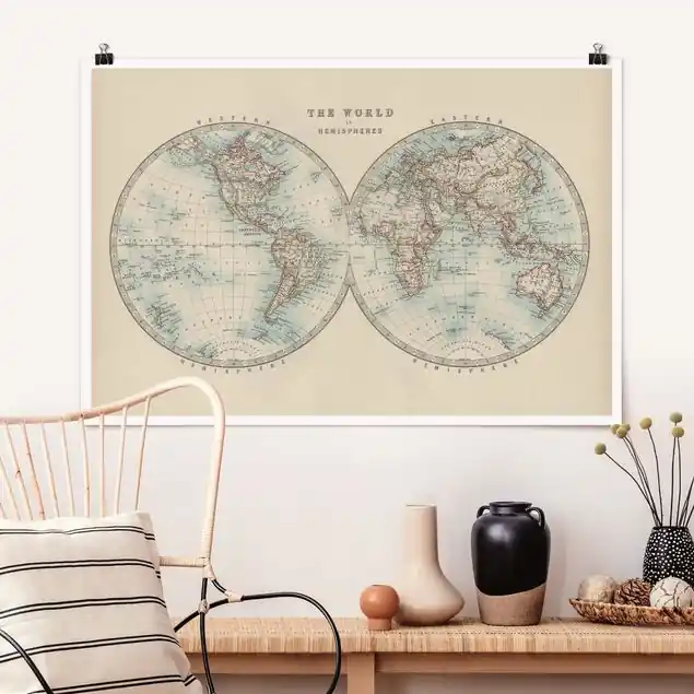 Billig Vintage Weltkarte Die zwei Hemispheren