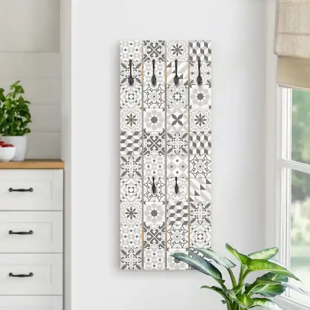 Meistverkauft Geometrischer Fliesenmix Grau Wandgarderobe Holzpalette