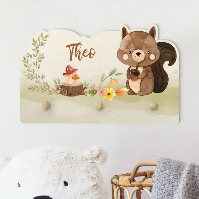 Aquarell Waldtier Eichhörnchen mit Wunschname Kindergarderobe Holz mit Namen Billig