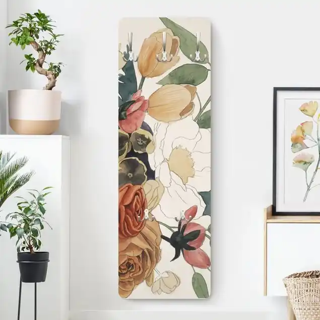 Angebot Zeichnung Blumenbouquet in Rot und Sepia II Wandgarderobe