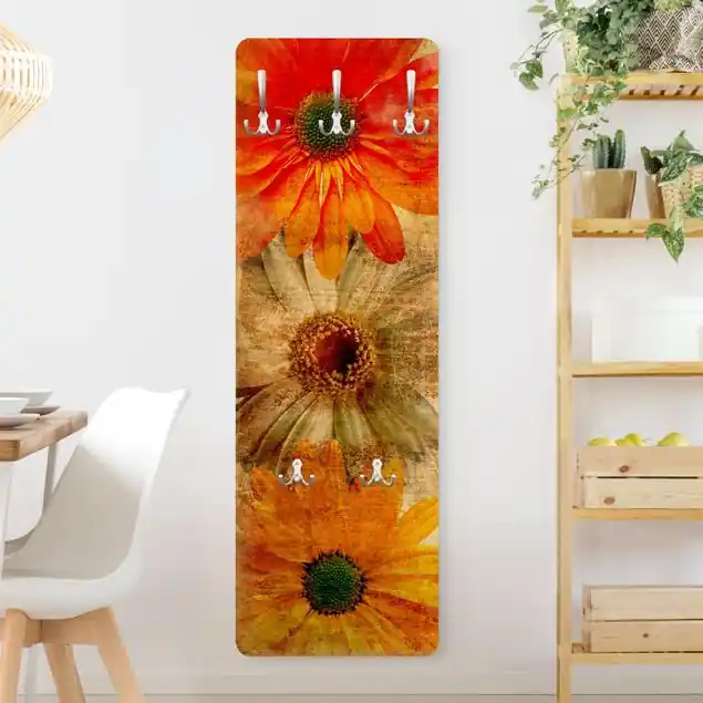 Vintage Flowermix Wandgarderobe Holzpaneel Expressversand