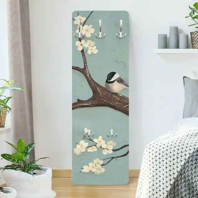 Meise auf Kirschbaum Wandgarderobe Holzpaneel Zertifiziert