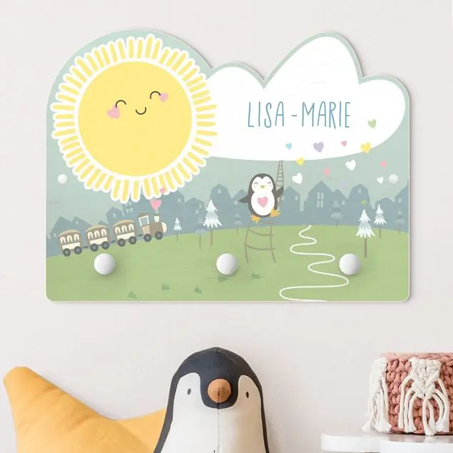 Expressversand Sonnenschein und Herzregen mit Wunschname Kindergarderobe Holz mit Namen