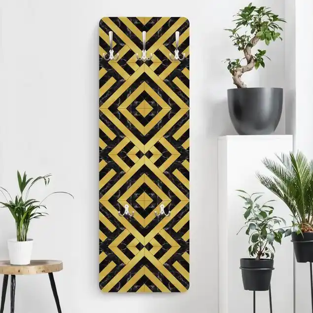 Geometrischer Fliesenmix Art Deco Gold Schwarzer Marmor Wandgarderobe Holzpaneel Billig