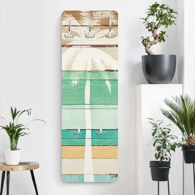 Neue Kollektion Palme auf Holz türkis Wandgarderobe