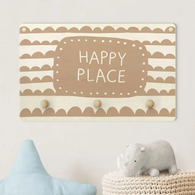 Spruch Happy Place im Wolkenband Natur Kindergarderobe Holz Versand Am Gleichen Tag