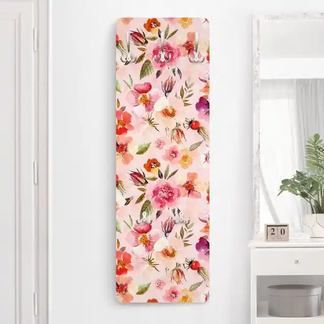 Nur Für Kurze Zeit Aquarellierte Blumen auf Rosa Wandgarderobe