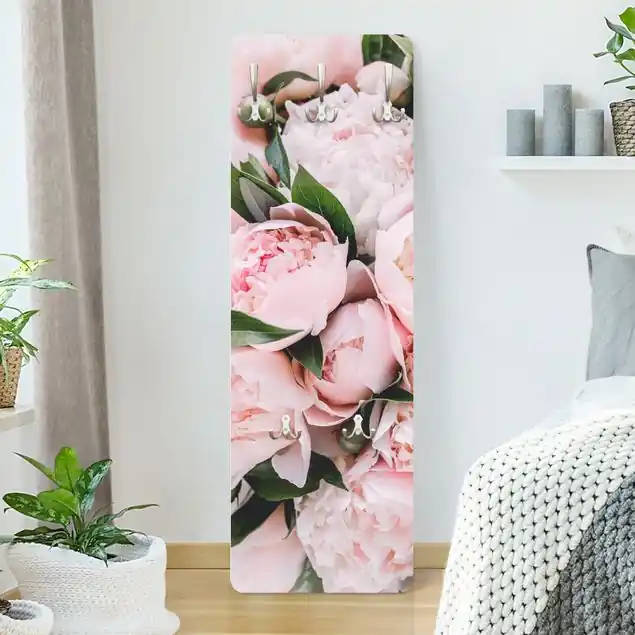 Rosa Pfingstrosen mit Blättern Wandgarderobe Holzpaneel Garantierte Lieferung