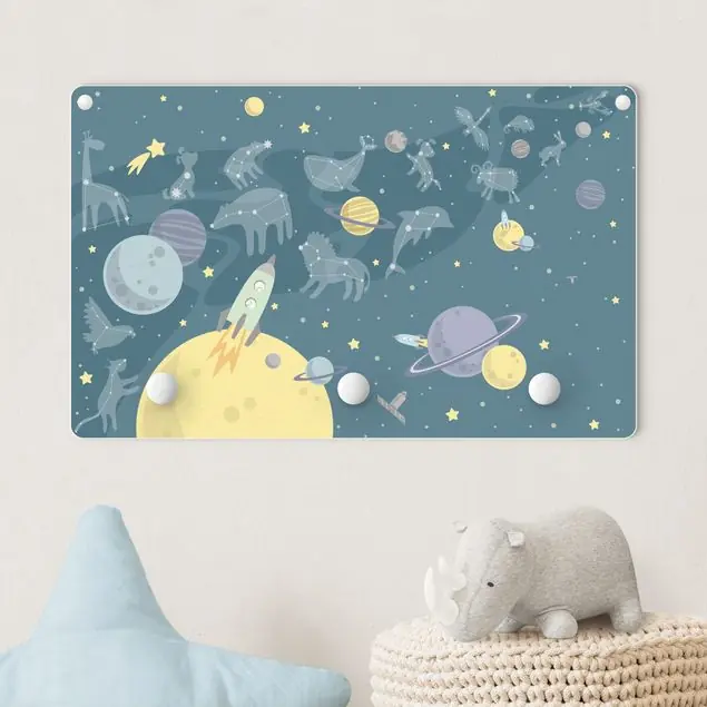 Begrenztes Angebot Planeten mit Sternzeichen und Raketen Kindergarderobe Holz