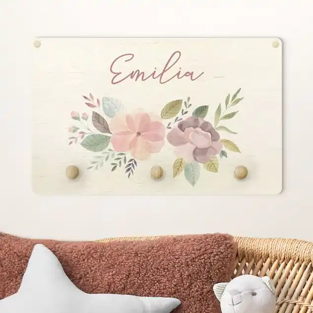 Florales Aquarellbouquet mit Wunschname Kindergarderobe Holz mit Namen Günstig