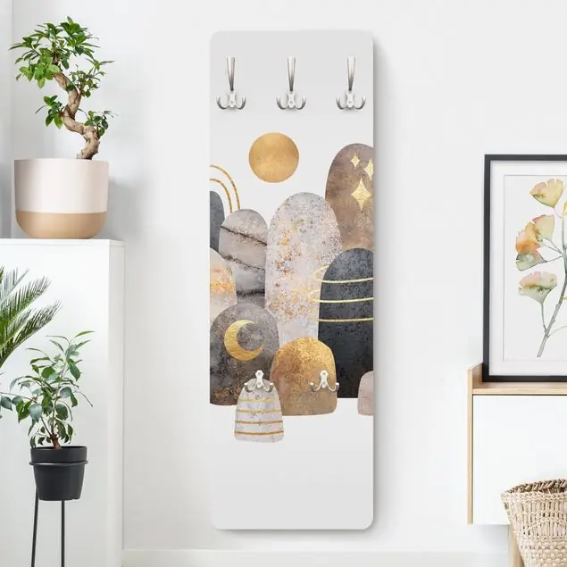 Gold Berge mit Mond Wandgarderobe Holzpaneel Preiswert