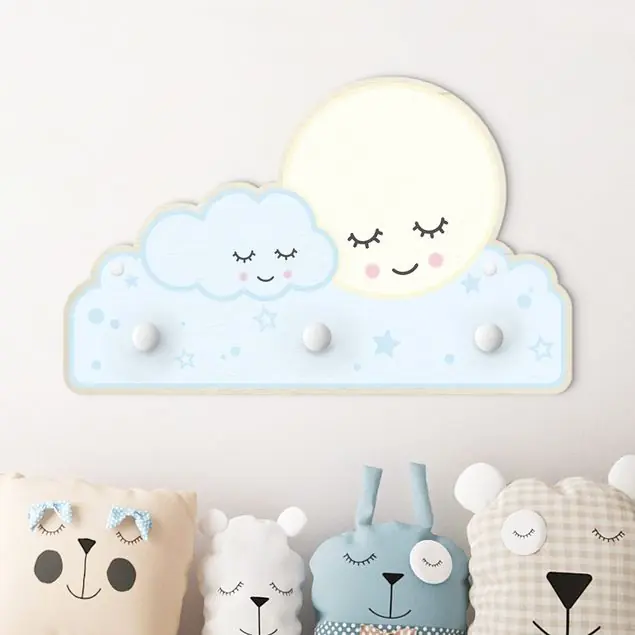 Super-Preis Sterne Mond Wolke mit schlafenden Augen Kindergarderobe Holz