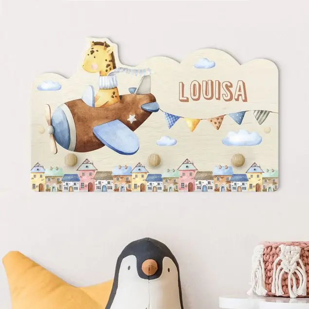 Online Kaufen Aquarell Tierpilot Giraffe mit Wunschname Kindergarderobe Holz mit Namen