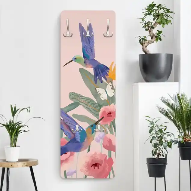 Kostenloser Rückversand Kolibris und rosa Blüten Wandgarderobe