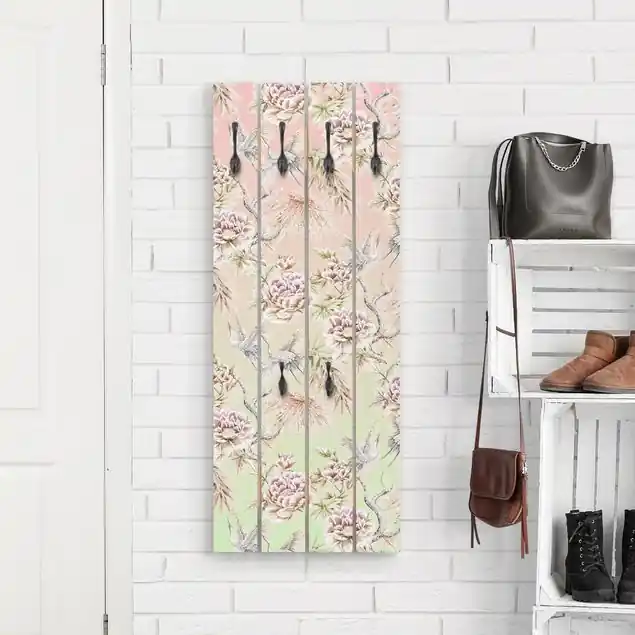 Aquarell Vögel mit großen Blüten und Ombre Wandgarderobe Neu
