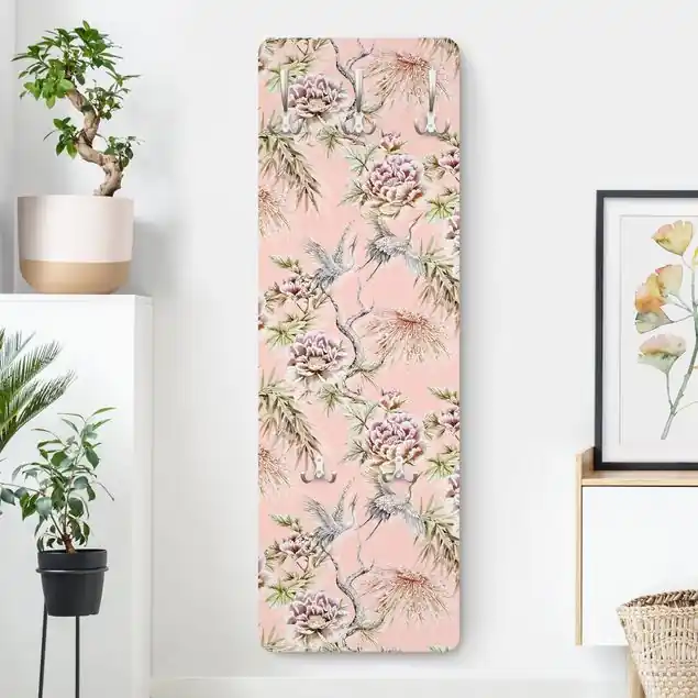 Aquarell Vögel mit großen Blüten vor Rosa Wandgarderobe Holzpaneel Expressversand
